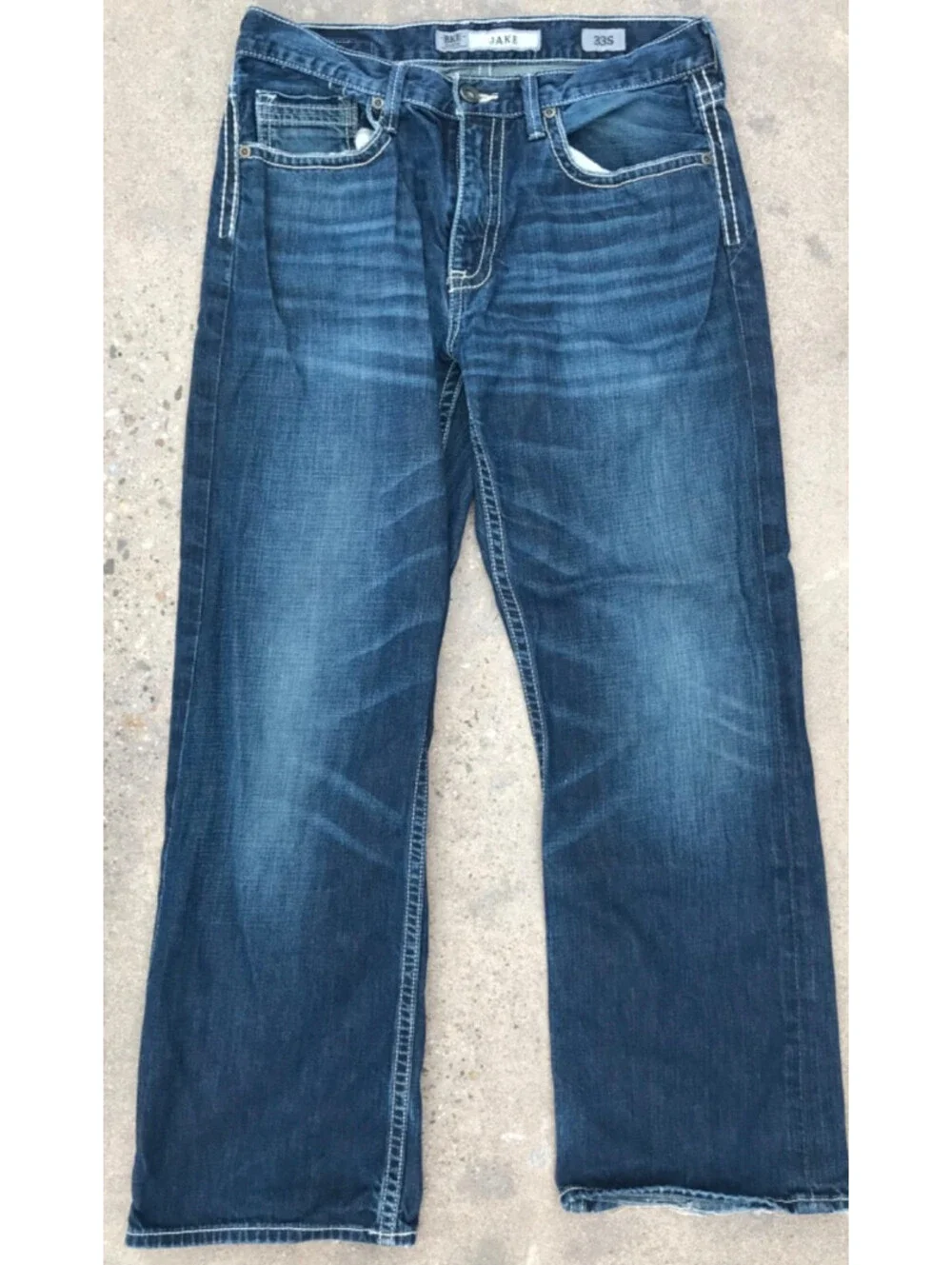 BKE Jake Denim Blue Jeans Mens 33S Straight Leg Dark Wash Lite Fading on Thighs